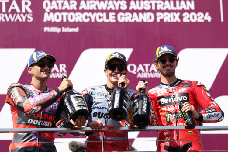 3rd are seen on the podium after the MotoGP Of Australia at Phillip Island Grand Prix Circuit on October 20, 2024 in Phillip Island, Australia. (Photo by Robert Cianflone/Getty Images