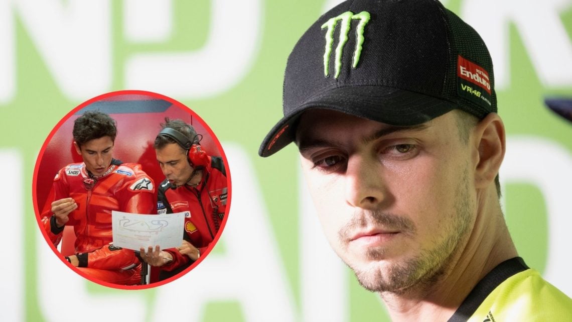 VR46 Racing Team rider Fabio Di Giannantonio looks on during the pre-race press conference for the 2024 Grand Prix of Thailand. Inset, Ducati rider...