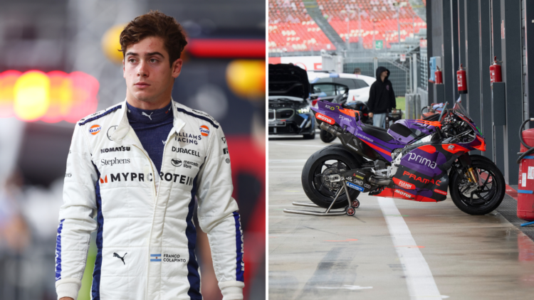 Split image of Franco Colapinto and a Pramac MotoGP bike
