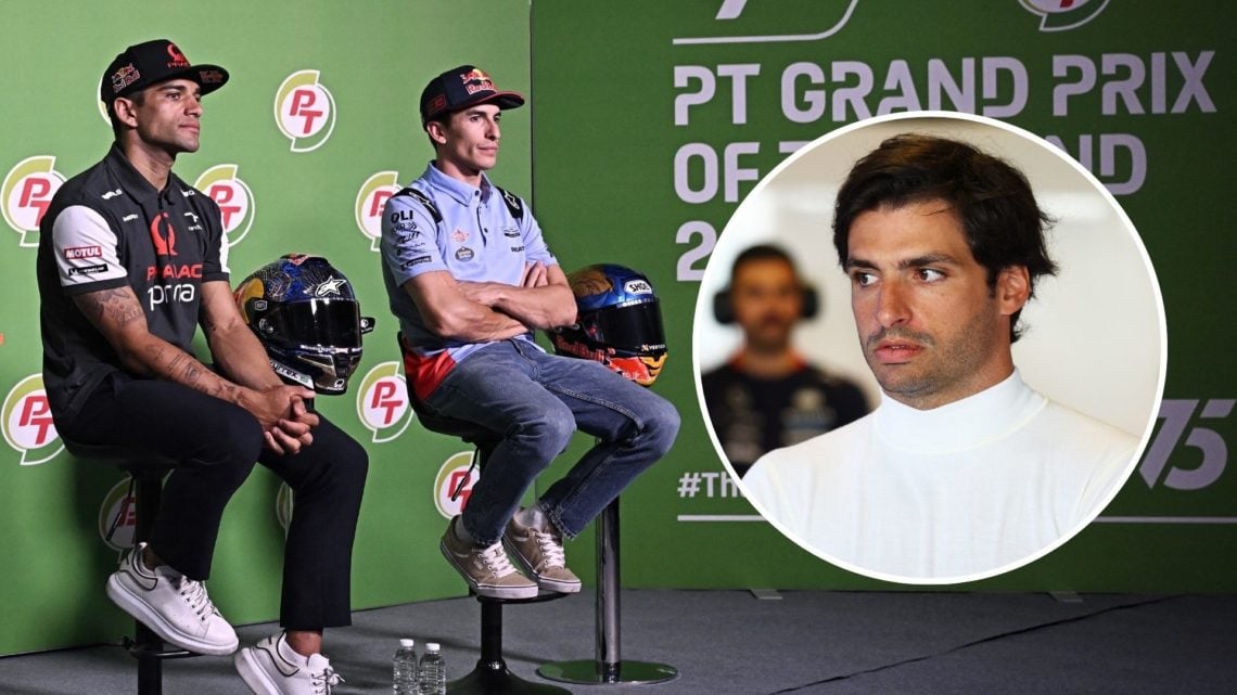 Prima Pramac Racing's Spanish rider Jorge Martin, and Gresini Racing's Spanish rider Marc Marquez. Inset, Carlos Sainz JR.