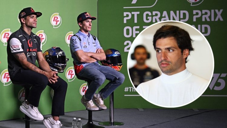 Prima Pramac Racing's Spanish rider Jorge Martin, and Gresini Racing's Spanish rider Marc Marquez. Inset, Carlos Sainz JR.