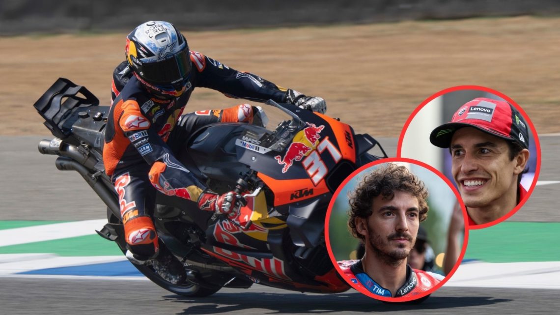 KTM Factory Racing rider Pedro Acosta heads down a straight during the Thailand MotoGP Test. Inset, Ducati rider Marc Marquez speaks to the media a...