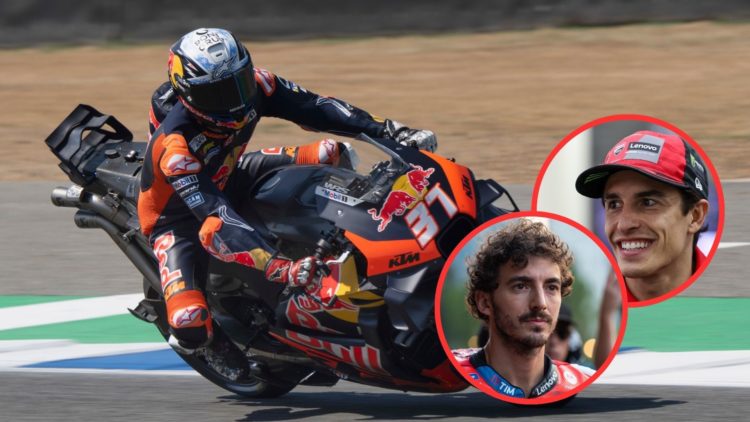 KTM Factory Racing rider Pedro Acosta heads down a straight during the Thailand MotoGP Test. Inset, Ducati rider Marc Marquez speaks to the media a...