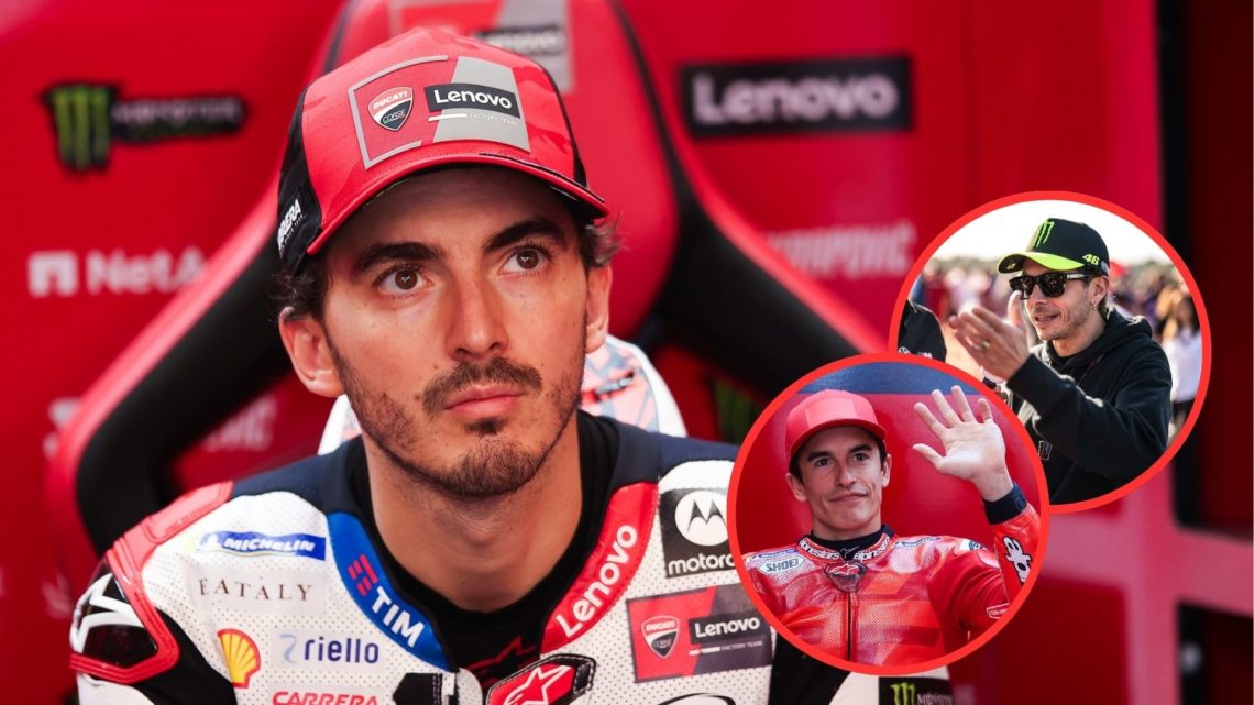 Ducati rider Francesco Bagnaia sits in the garage during 2024 post-season testing. Inset, Valentino Rossi speaks to the media on the grid for the 2...