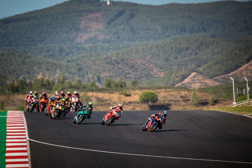 KTM Tech3 rider Miguel Oliveira leads the start of the 2020 MotoGP Portuguese Grand Prix on route to victory at Portimao