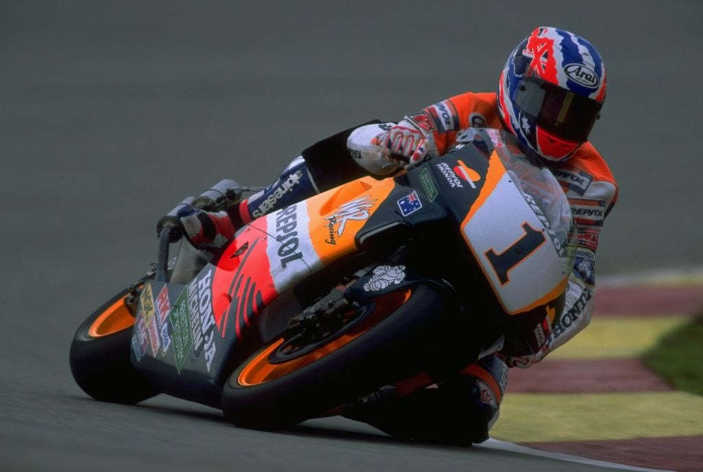 Honda rider Mick Doohan on track during the 1995 500cc Malaysian Grand Prix at the Shah Alam Circuit