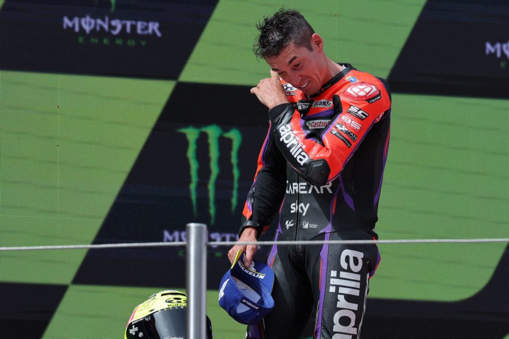 Aprilia rider Aleix Espargaro celebrates after winning the 2023 MotoGP Catalan Grand Prix