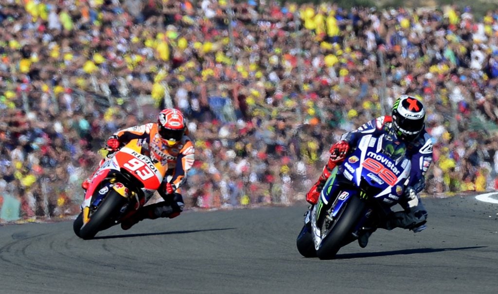 Jorge Lorenzo leads Marc Marquez en route to winning the 2017 Valencia Grand Prix and the MotoGP riders' title