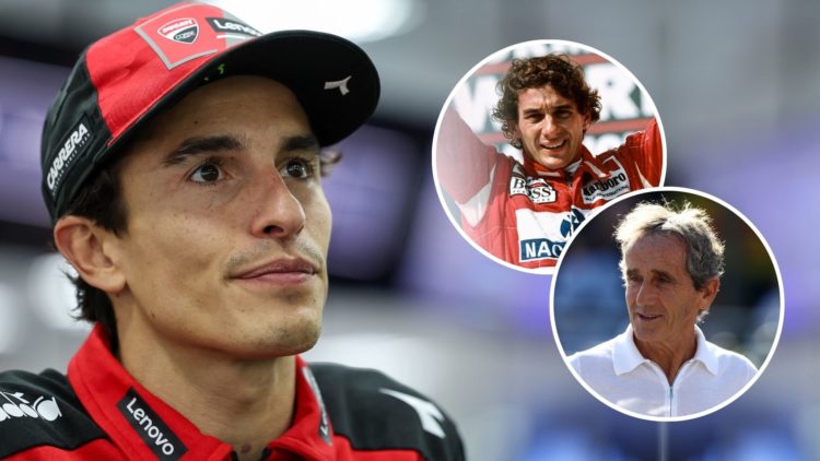 Marc Marquez during media scrum. Inset, Ayrton Senna and former driver Alain Prost.