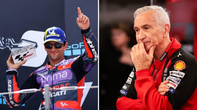 Split image of Jorge Martin (L) celebrating on the podium and Davide Tardozzi (R) looking on in the Ducati garage.