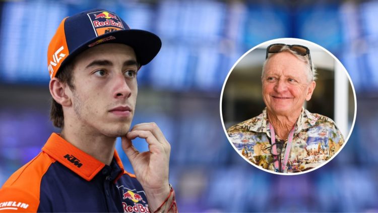 Pedro Acosta of Red Bull KTM Factory Racing during media scrum at the end of day three and final day of MotoGP Sepang Official Test. Inset, Kevin S...
