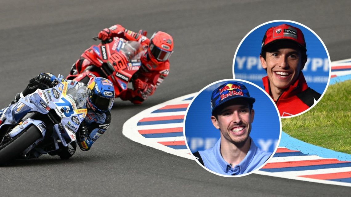 BK8 Gresini Racing MotoGP's Spanish rider Alex Marquez (R) and Ducati Lenovo's Spanish rider Marc Marquez ride during the MotoGP Argentina Grand Pr...