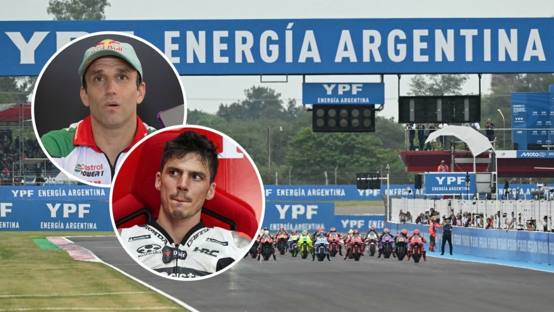 Competitors get ready before the start of the MotoGP Argentina Grand Prix Sprint race at the Termas de Rio Hondo circuit. Inset, Johann Zarco and J...