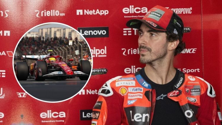 Francesco Bagnaia of Italy and Ducati Lenovo Team looks on in box during the MotoGP Of Thailand. Inset, Lewis Hamilton for Ferrari.