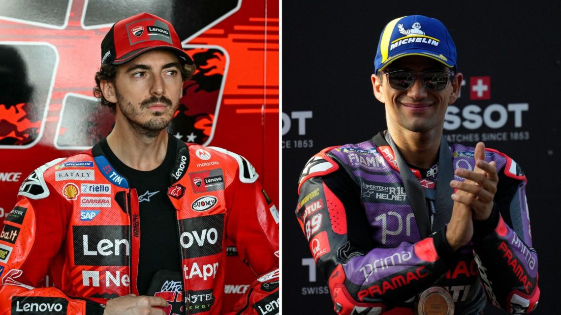 Ducati Lenovo's Italian rider Francesco Bagnaia looks on ahead of the free practice 2 session of the MotoGP Thailand Grand Prix, and Jorge Martin (...