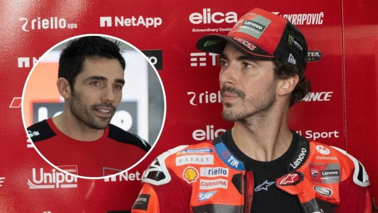 Francesco Bagnaia gets ready in the Ducati garage ahead of qualifying for the 2025 MotoGP Thai Grand Prix. Inset, Ducati test rider Michele Pirro a...