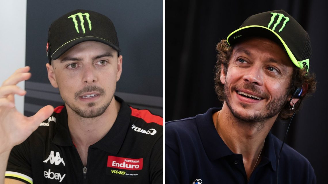Split image as Fabio Di Giannantonio of Italy and Pertamina Enduro VR46 Racing Team speaks with journalists, and Valentino Rossi of Italy and #46 T...