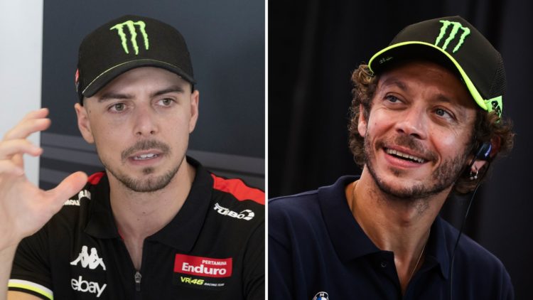 Split image as Fabio Di Giannantonio of Italy and Pertamina Enduro VR46 Racing Team speaks with journalists, and Valentino Rossi of Italy and #46 T...