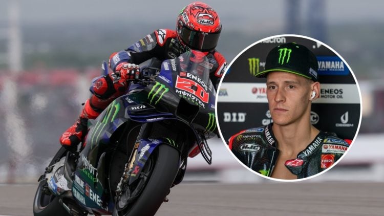 Image of Fabio Quartararo bike and an inset of himself talking to the press
