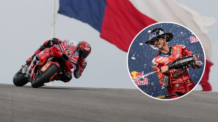 Francesco Bagnaia (63) of Italy and Ducati Lenovo Team speeds through turn 10 with the Texas flag in the background during Free Practice 2. Inset, ...