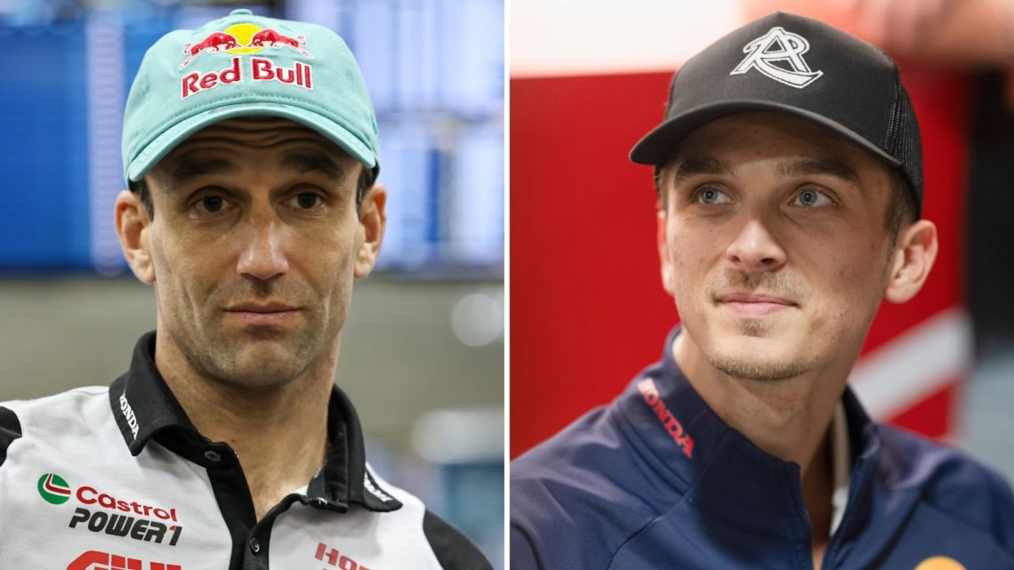 Split image as Luca Marini of Italy and Repsol Honda Team speaks with journalists during the media scrums, and Johann Zarco of Castrol Honda LCR du...