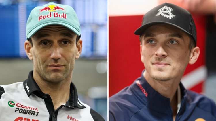 Split image as Luca Marini of Italy and Repsol Honda Team speaks with journalists during the media scrums, and Johann Zarco of Castrol Honda LCR du...