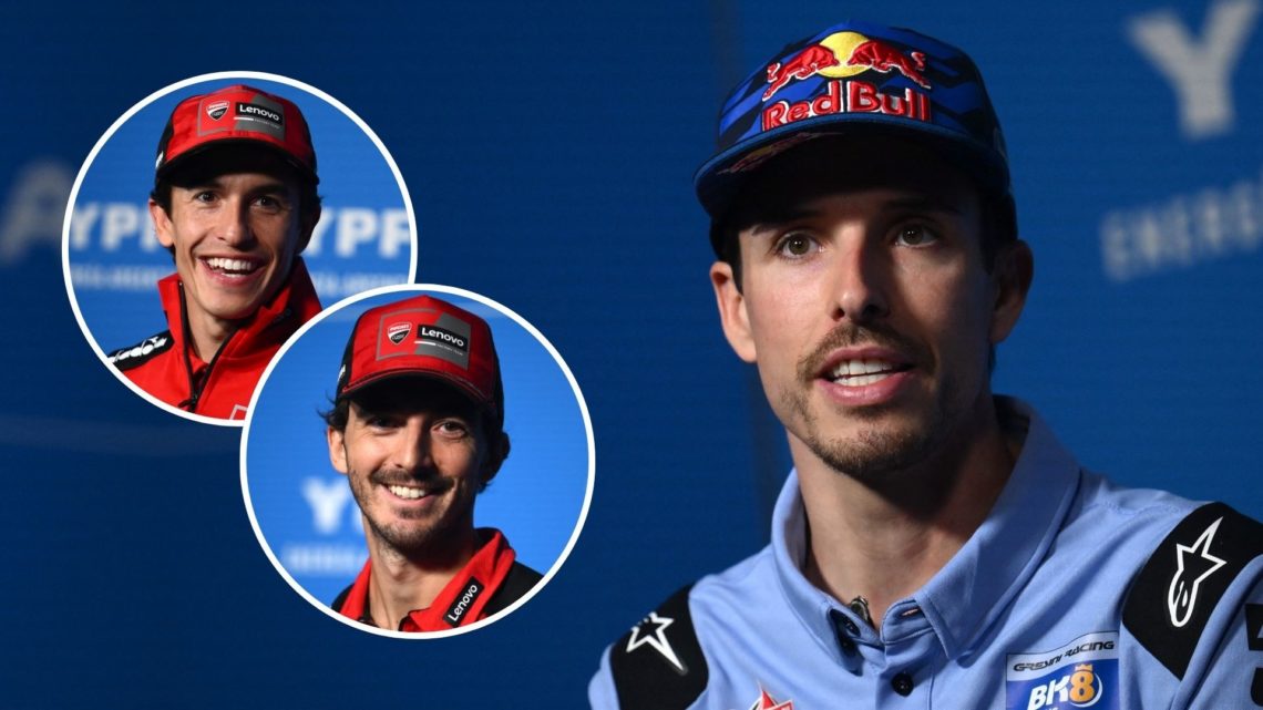 BK8 Gresini Racing MotoGP's Spanish rider Alex Marquez speaks during a press conference ahead of the Argentina Grand Prix 2025. Inset, Marc Marquez...