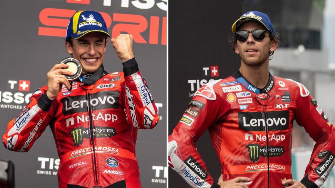 Split image as Marc Marquez of Spain and Ducati Lenovo Team celebrates his win on the Sprint Podium during the Sprint Race of the MotoGP Gran Premi...
