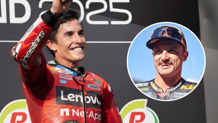 Marc Marquez of Spain and Ducati Lenovo Team celebrates the victory on the podium during the MotoGP race. Inset, Jack Miller.