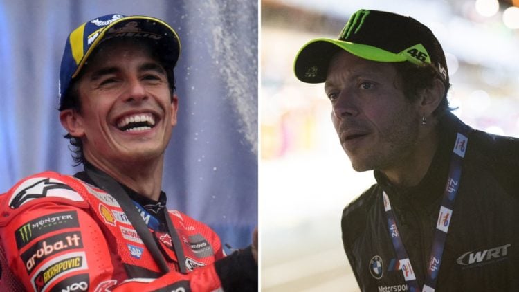 Ducati Lenovo's Spanish rider Marc Marquez celebrates with champagne after winning the MotoGP Argentina Grand Prix Sprint race, and Valentino Rossi...