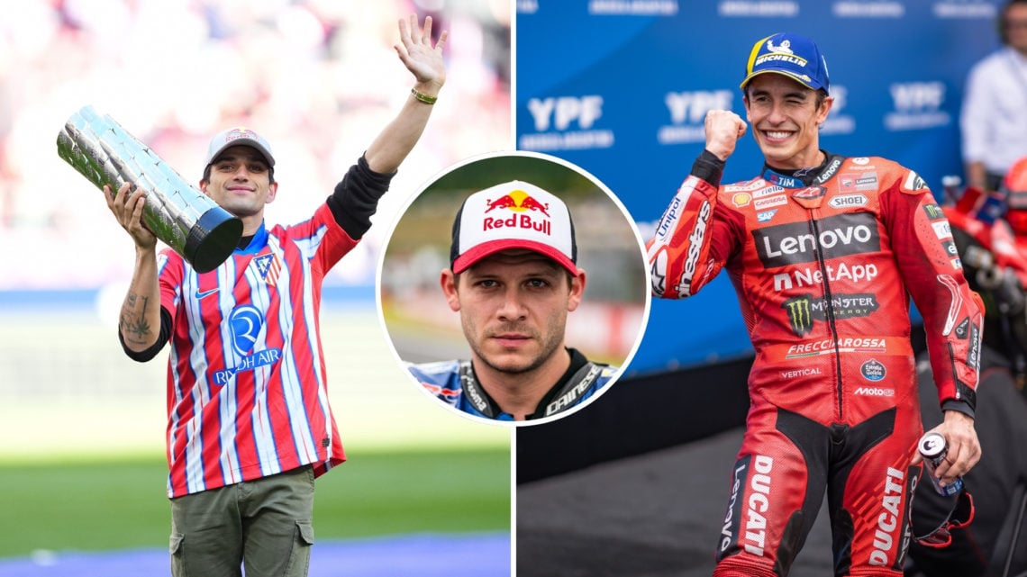 Jorge Martin, MotoGP World Champion, celebrates with his trophy and Marc Marquez of Spain and Ducati Lenovo Team celebrates his win with an inset o...
