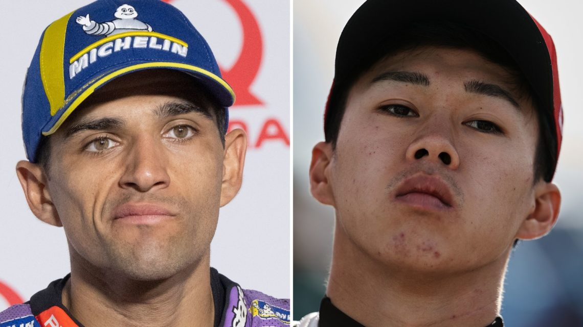 Image of Jorge Martin of Spain looking on during the press conference at the end of the MotoGP race and Ai Ogura of Japan and Honda Team Asia durin...