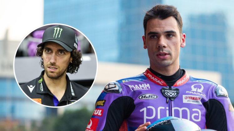 Portuguese rider Miguel Oliveira of Prima Pramac Yamaha seen during the MotoGP Season Premiere 2025 launch event. Inset, Alex Rins.