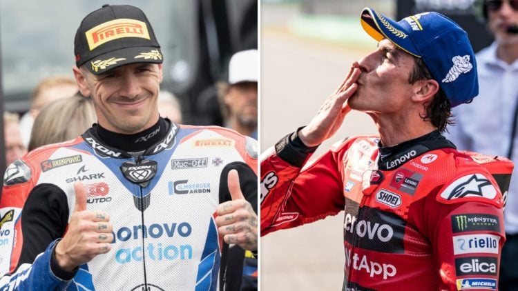 Split image as Scott Redding of Great Britain and Bonovo Action BMW celebrates the third place at the end of the Tissot Superpole WorldSBK, and Mar...