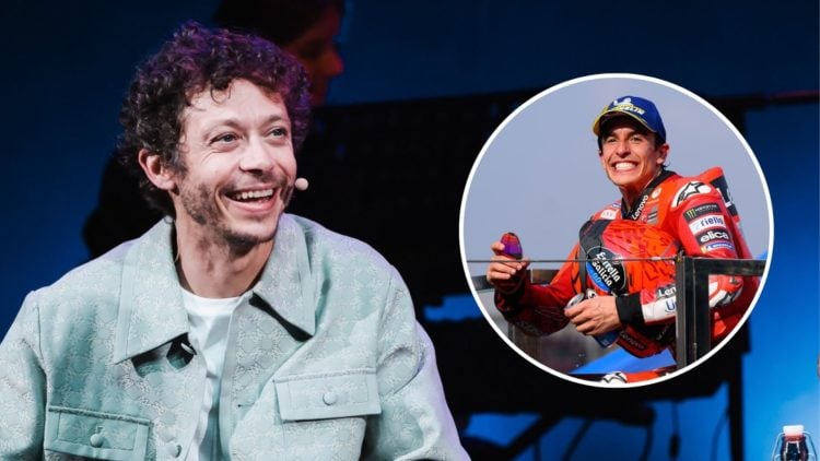 Valentino Rossi attends a podcast recording. Inset, Ducati rider Marc Marquez celebrates at the 2025 MotoGP Thai Grand Prix.