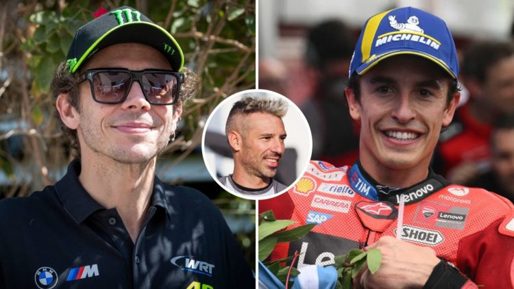 Split image of Valentino Rossi and Marc Marquez, with an inset of Marco Melandri.