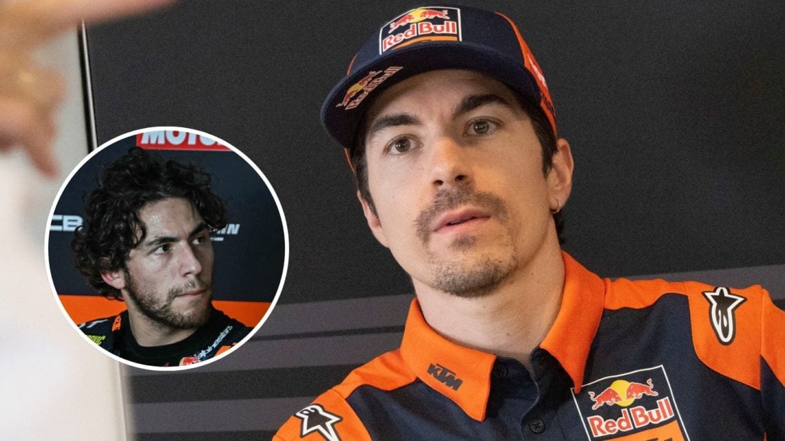 KTM Tech 3 rider Maverick Vinales speaks to the media at the Thai Grand Prix. Inset, Enea Bastianini in the KTM Tech3 garage.