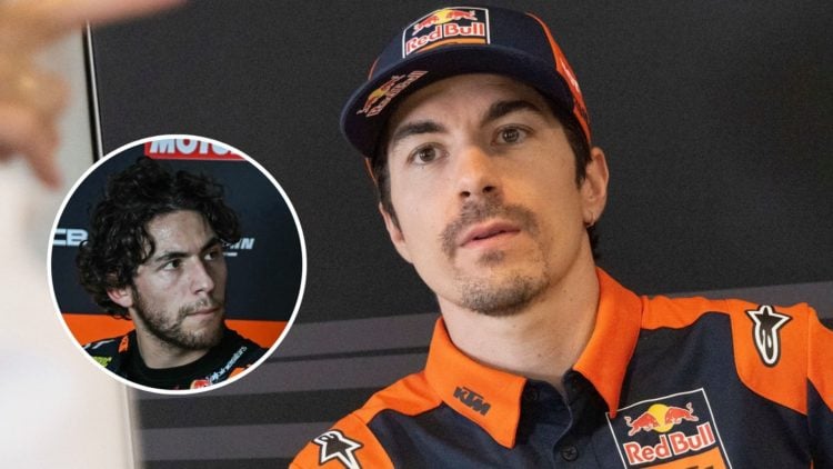 KTM Tech 3 rider Maverick Vinales speaks to the media at the Thai Grand Prix. Inset, Enea Bastianini in the KTM Tech3 garage.