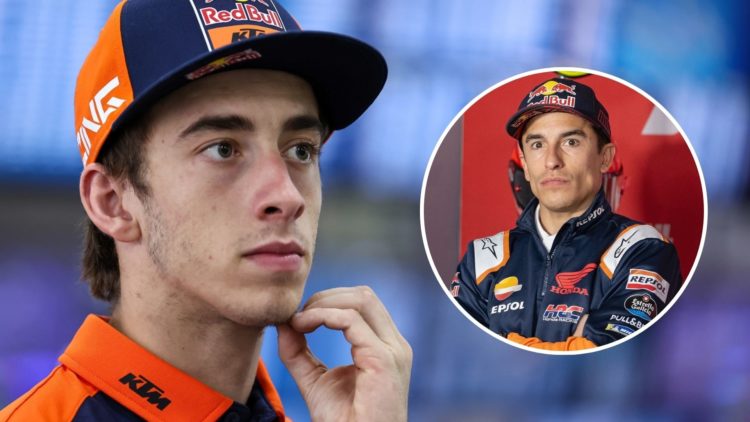 KTM rider Pedro Acosta speaks to media at the 2025 MotoGP Sepang Test. Inset, Marc Marquez speaks to media whilst a Honda rider at the 2023 Valenci...