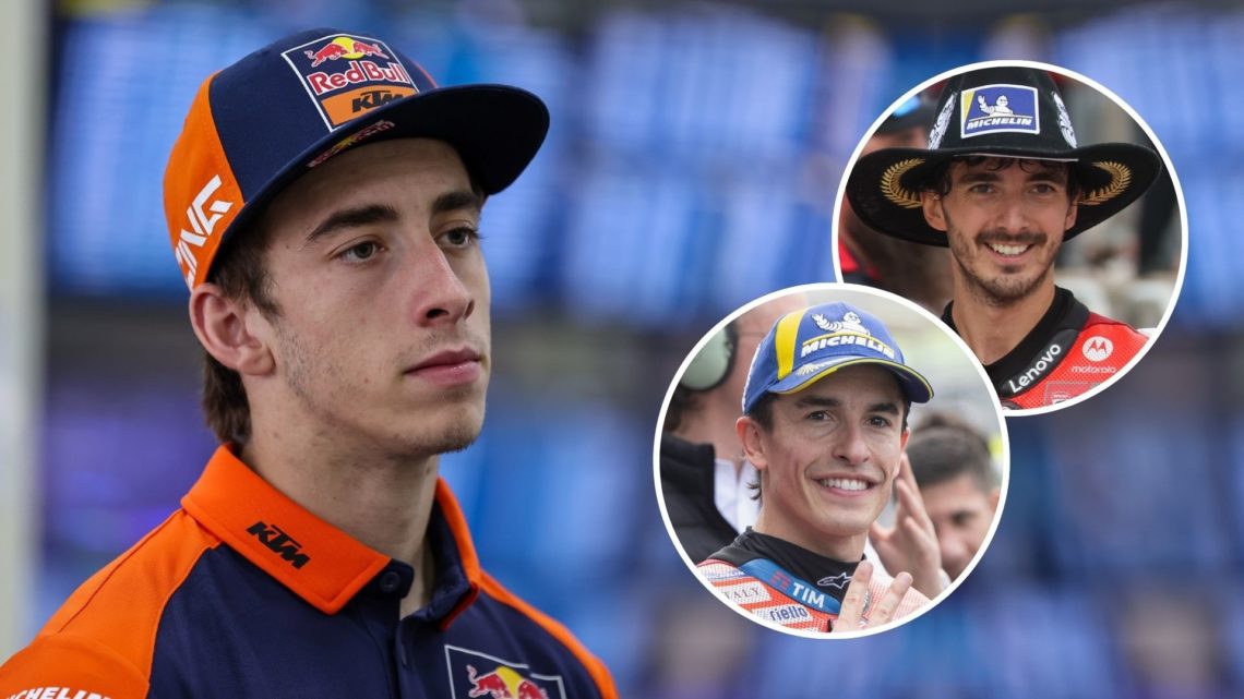 Pedro Acosta of Red Bull KTM Factory Racing during media scrum at the end of day three and final day of MotoGP Sepang Official Test. Inset, Marc Ma...