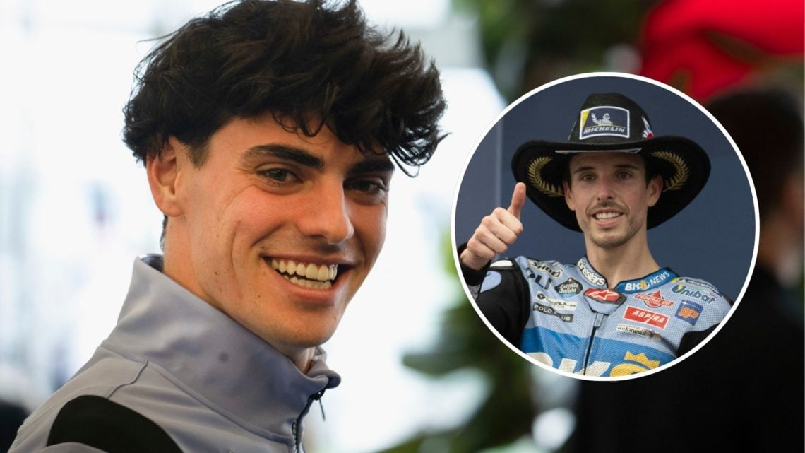 Gresini rider Fermin Aldeguer speaks ahead of the 2025 Grand Prix of the Americas. Inset, Gresini rider Alex Marquez celebrates P2 in the 2025 Moto...