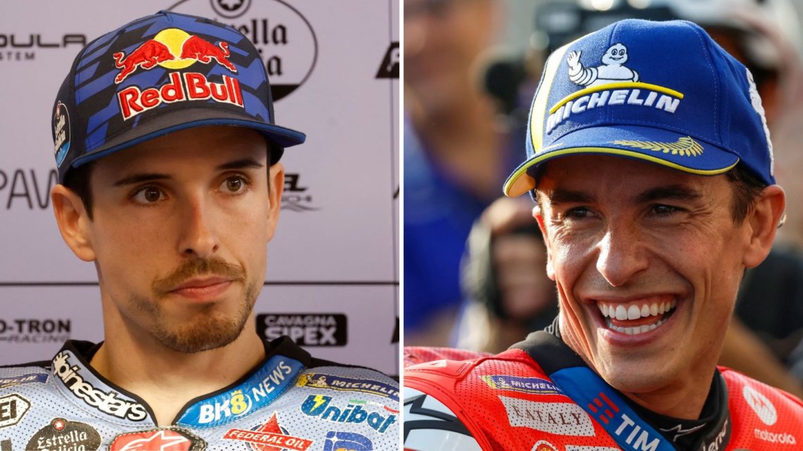 Gresini rider Alex Marquez speaks to the media. Ducati rider Marc Marquez celebrates Qatar Grand Prix pole.