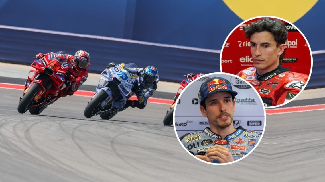 Marc Marquez (93) of Spain and Ducati Lenovo Team leads Alex Marquez (73) of Spain and BK8 Gresini Racing MotoGP and Francesco Bagnaia (63) of Ital...
