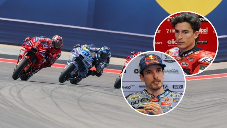 Marc Marquez (93) of Spain and Ducati Lenovo Team leads Alex Marquez (73) of Spain and BK8 Gresini Racing MotoGP and Francesco Bagnaia (63) of Ital...