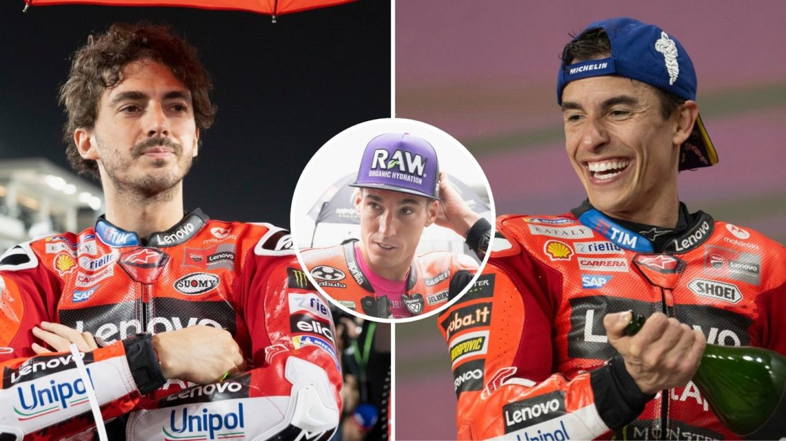 Ducati riders Francesco Bagnaia and Marc Marquez react at the 2025 MotoGP Grand Prix of Qatar with an inset of Aleix Espargaro in Barcelona
