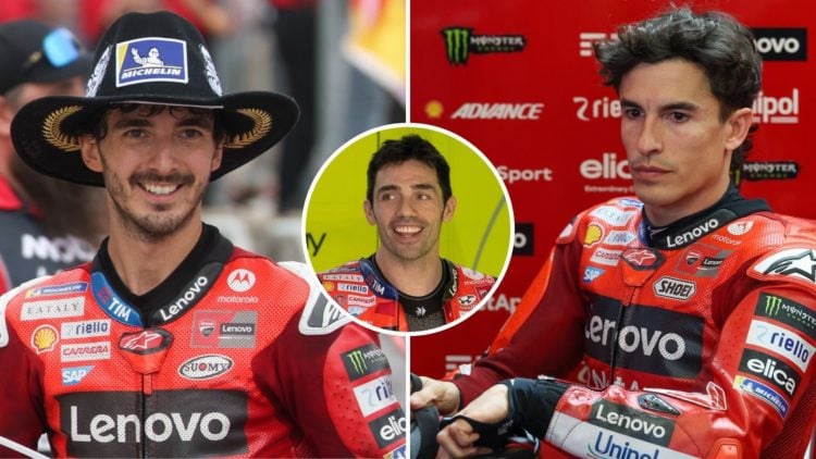 Ducati rider Francesco Bagnaia celebrates winning the Americas Grand Prix and Marc Marquez reacts in the garage. Inset, Ducati test rider Michele P...