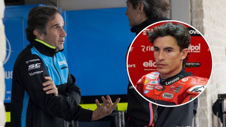 Trackhouse Racing team principal Davide Brivio talks in the COTA pit lane. Inset, Ducati rider Marc Marquez sits in the garage at the 2025 Americas...