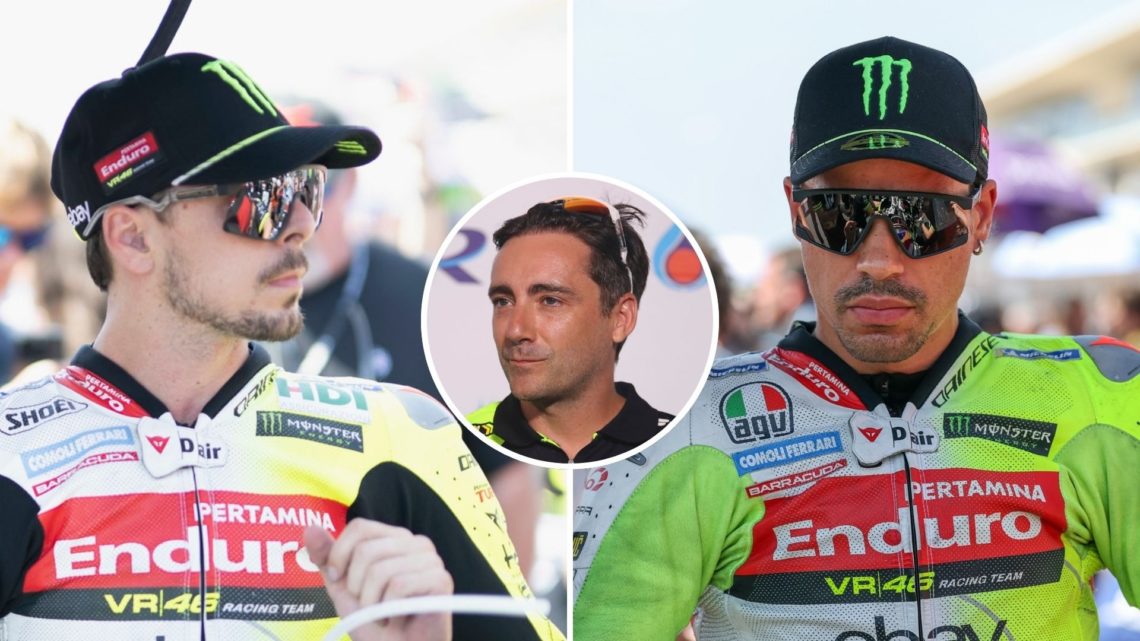 VR46 Racing Team riders Fabio Di Giannantonio and Franco Morbidelli on the grid at the 2025 Grand Prix of the Americas. Inset, VR46 Racing team man...
