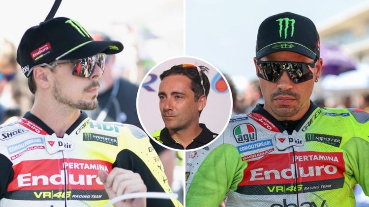 VR46 Racing Team riders Fabio Di Giannantonio and Franco Morbidelli on the grid at the 2025 Grand Prix of the Americas. Inset, VR46 Racing team man...
