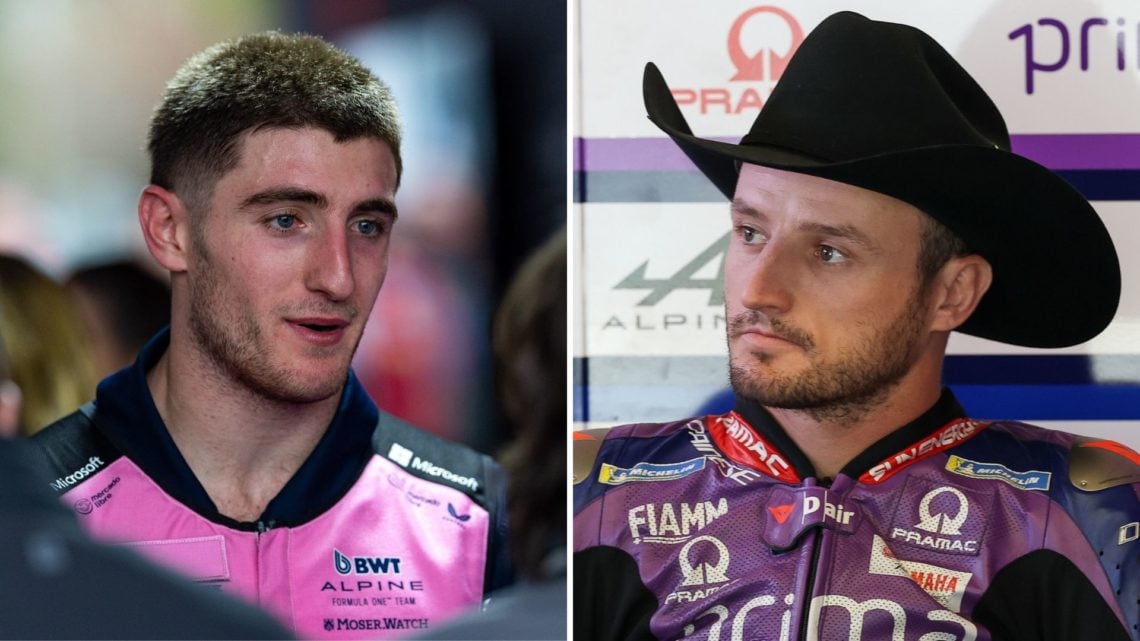 Split image as Jack Doohan of Australia and Alpine F1 Team speaks in the media pen during the F1 Grand Prix of China, and Jack Miller (43) of Austr...